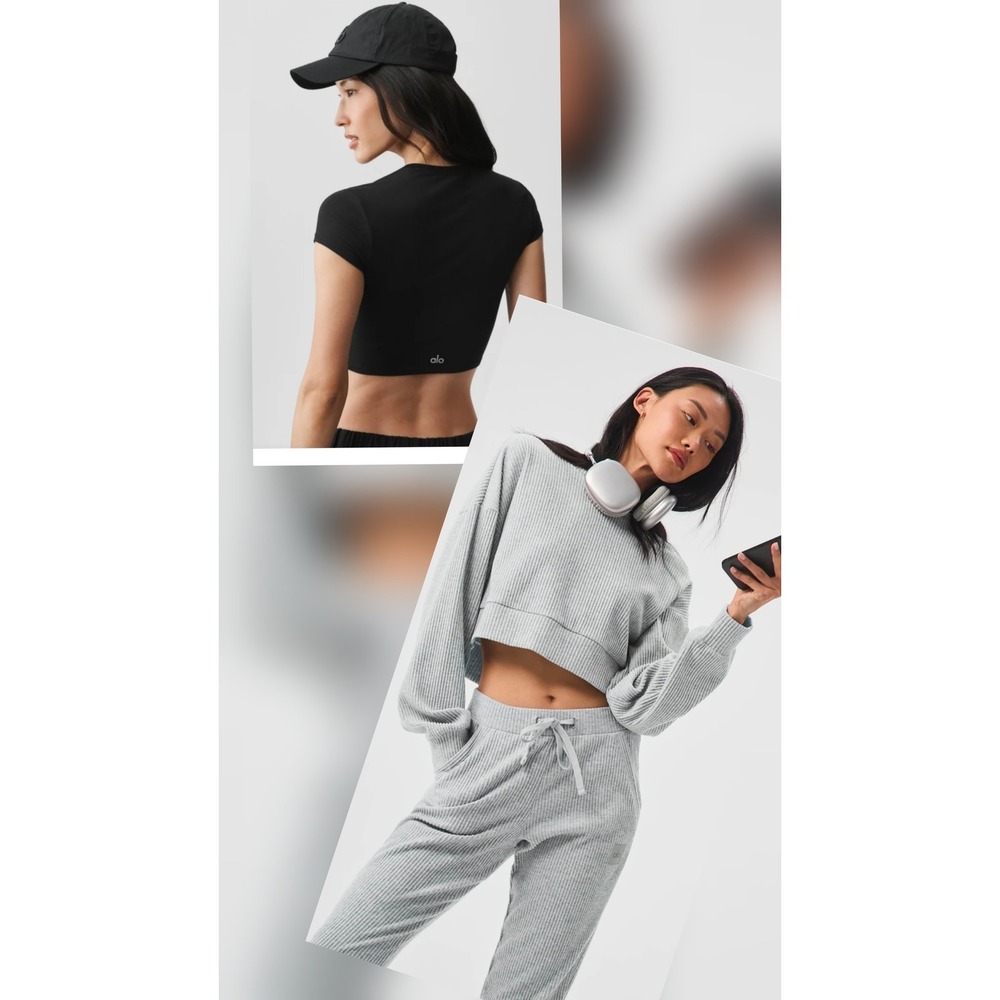 Alo Yoga Muse Ribbed Hoodie Jogger Set and Black Crop Top 3 Piece Bundle